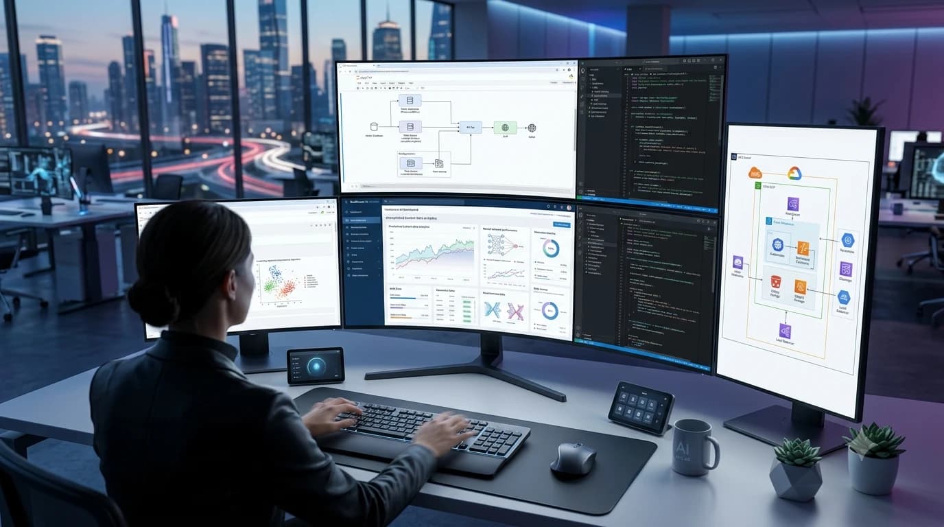 AI engineer working across multiple monitors showing dashboards, code, ML pipelines and cloud architecture